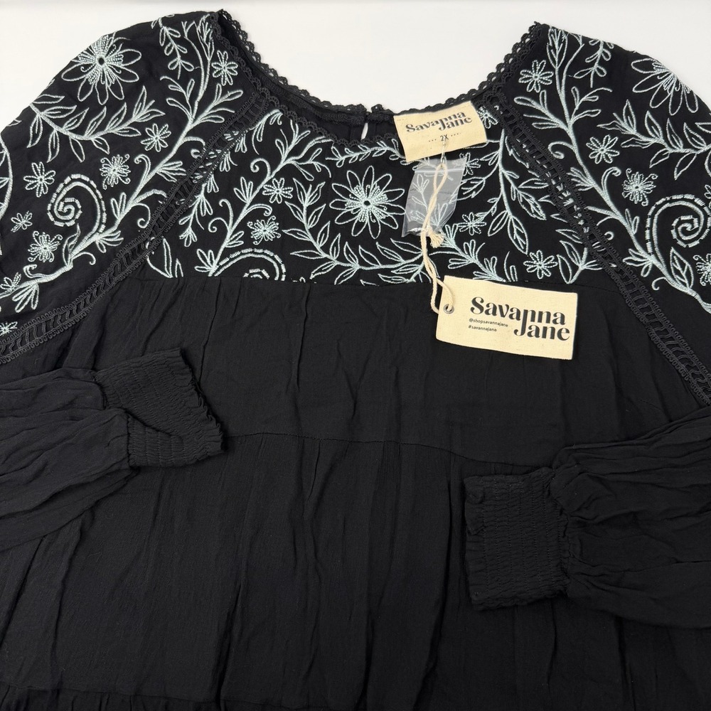 Savanna Jane Black Embroidered Floral Tiered Tunic Top Plus Size 2X NWT